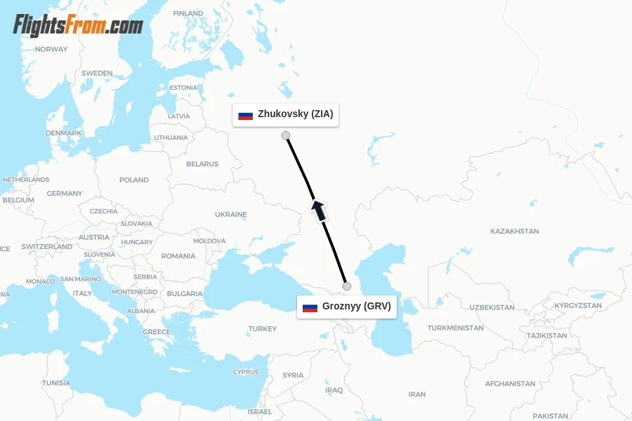 Flights from Groznyy to Zhukovsky route map