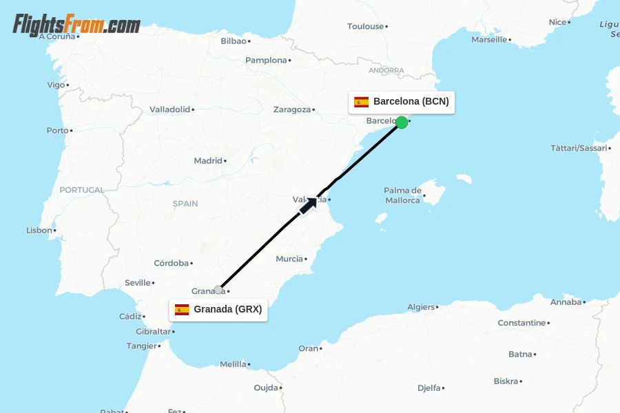 Flights from Granada to Barcelona route map