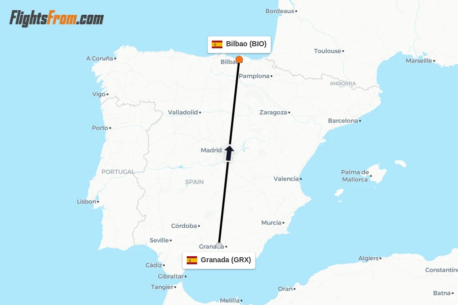 Flights from Granada to Bilbao route map