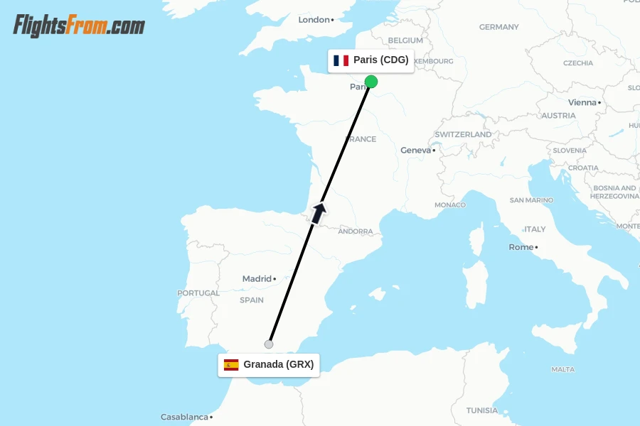 Flights from Granada to Paris route map