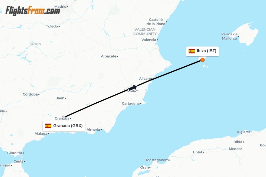 Flights from Granada to Ibiza route map