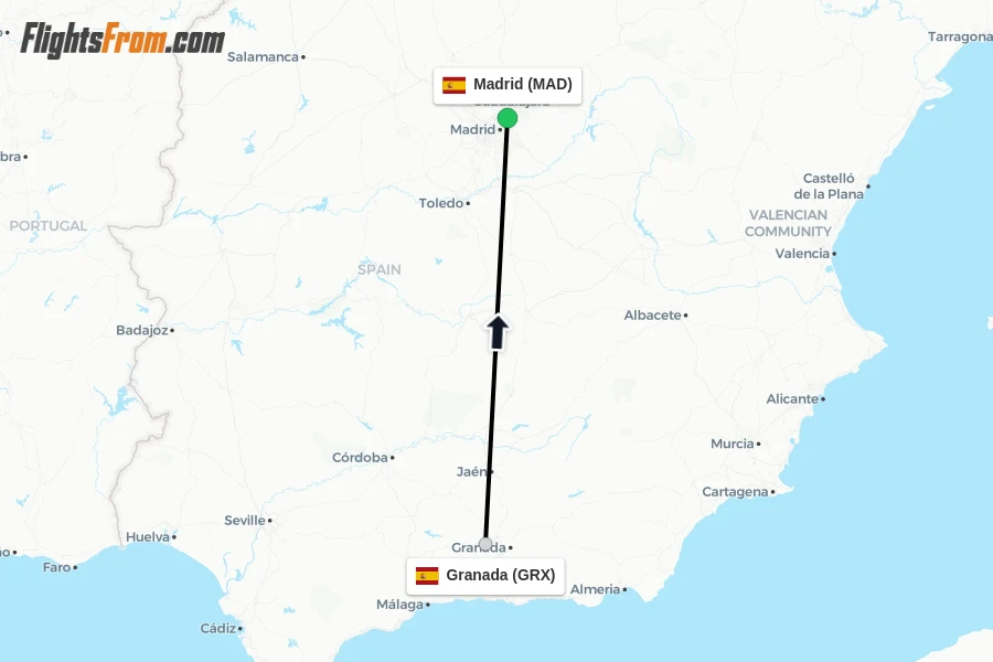 Flights from Granada to Madrid route map