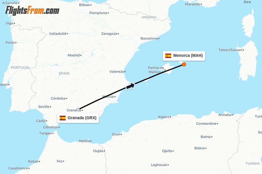 Flights from Granada to Menorca route map