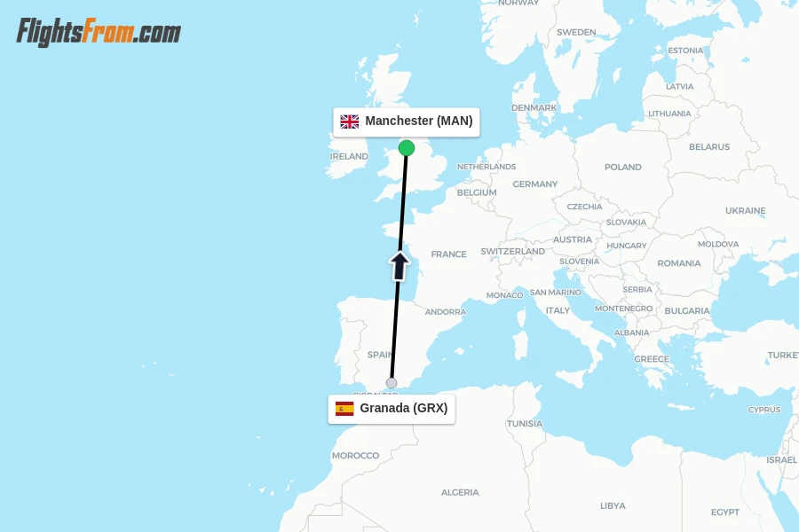 Flights from Granada to Manchester route map