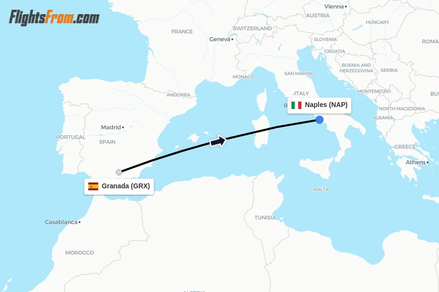 Flights from Granada to Naples route map