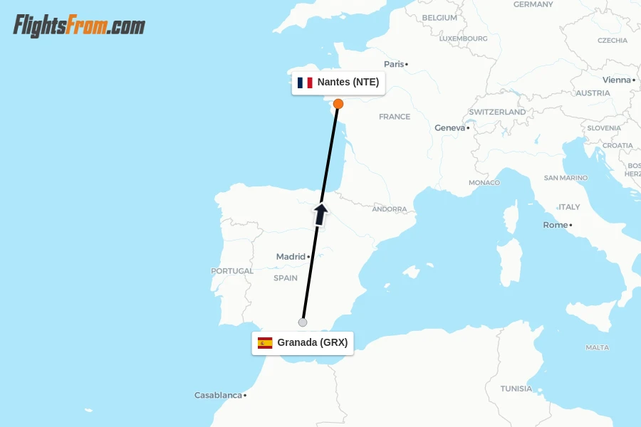 Flights from Granada to Nantes route map