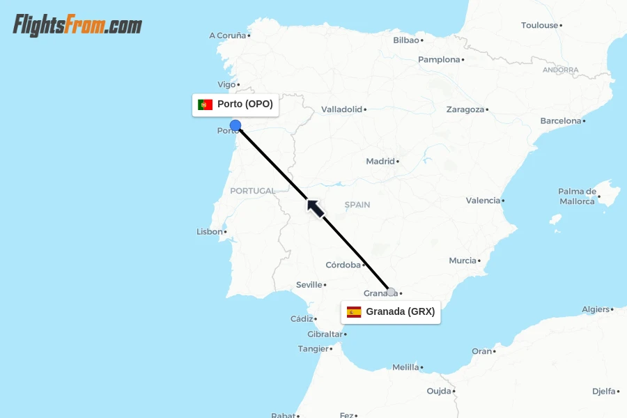 Flights from Granada to Porto route map