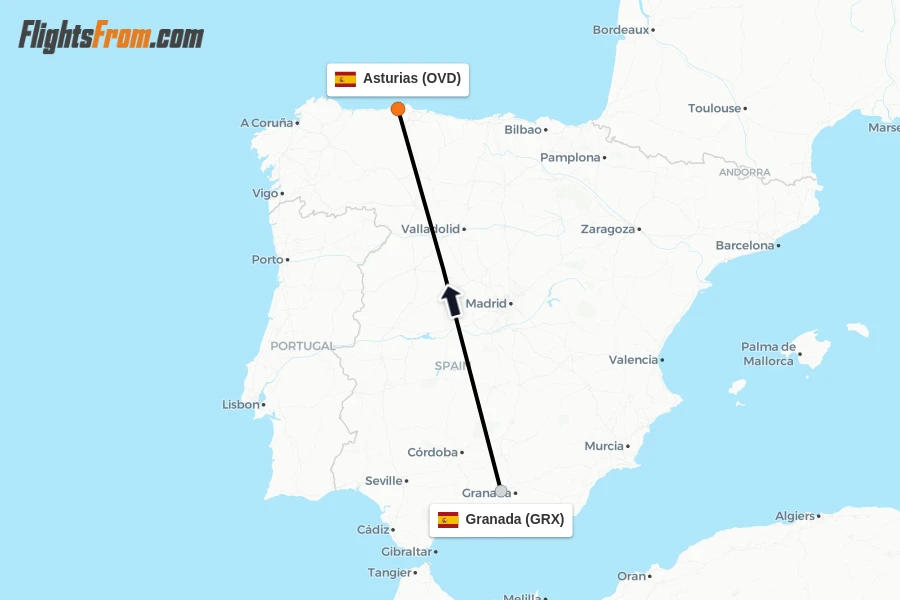 Flights from Granada to Asturias route map
