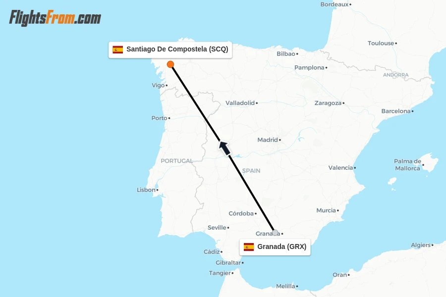 Flights from Granada to Santiago De Compostela route map
