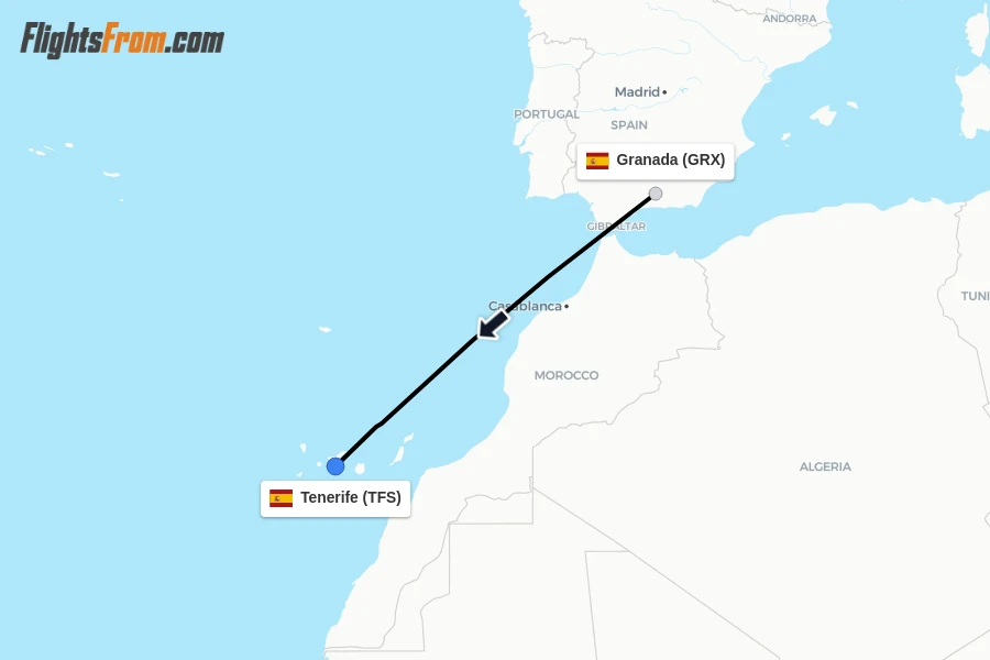 Flights from Granada to Tenerife route map