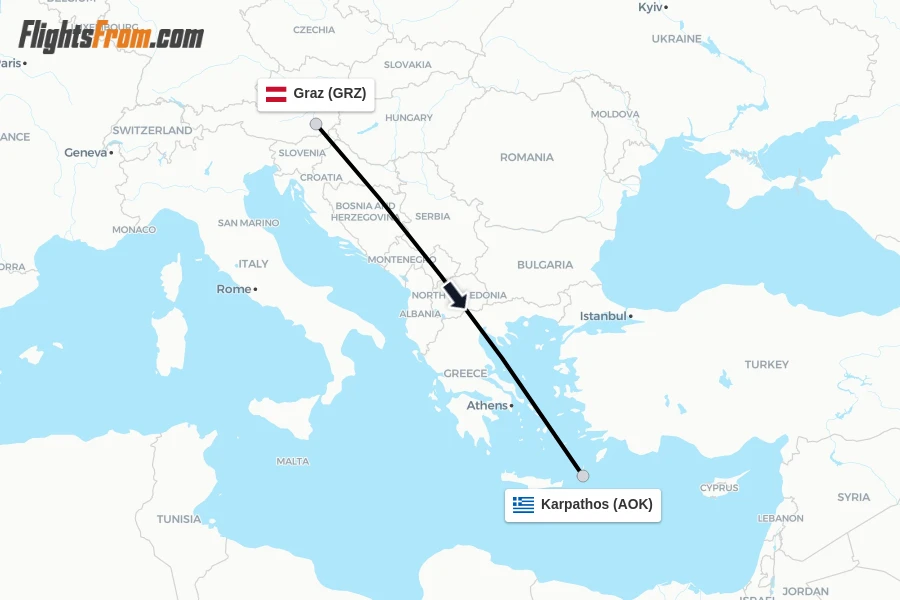Flights from Graz to Karpathos route map
