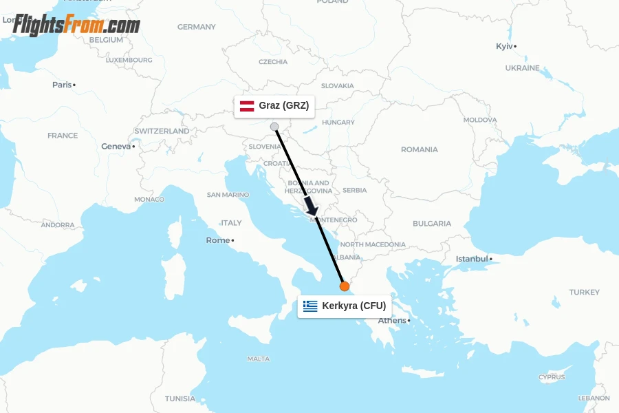 Flights from Graz to Kerkyra route map