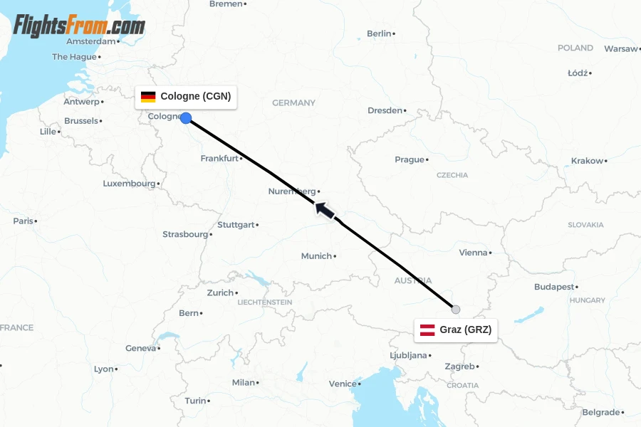 Flights from Graz to Cologne route map