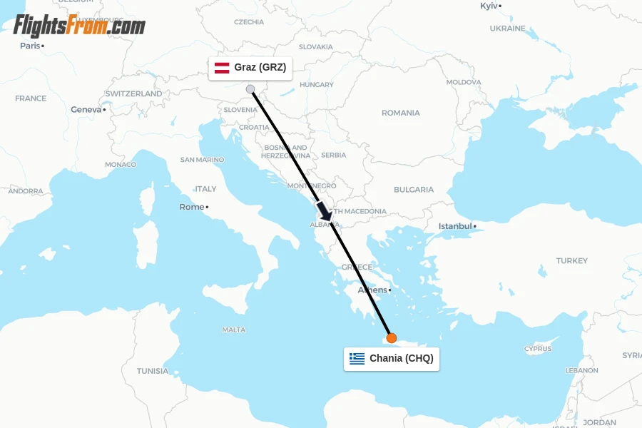 Flights from Graz to Chania route map