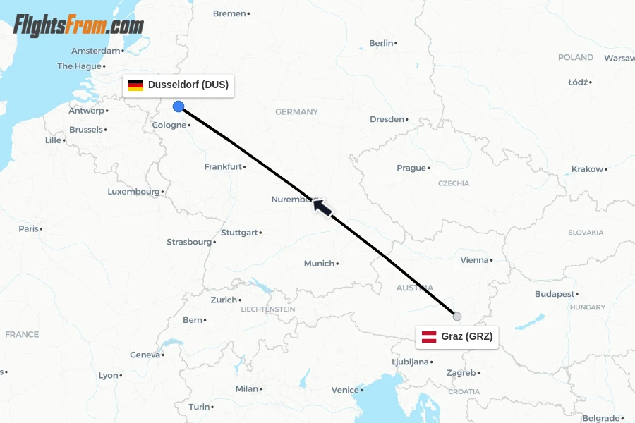 Flights from Graz to Dusseldorf route map