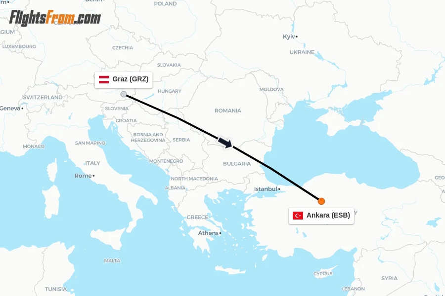 Flights from Graz to Ankara route map