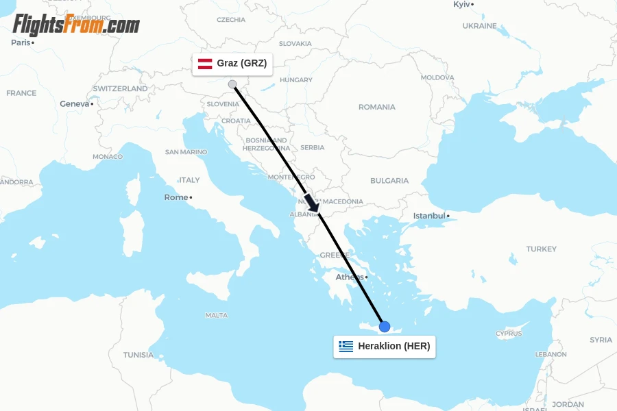 Flights from Graz to Heraklion route map