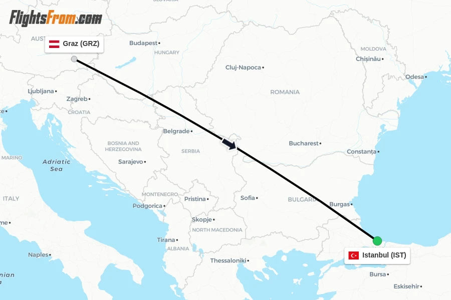 Flights from Graz to Istanbul route map