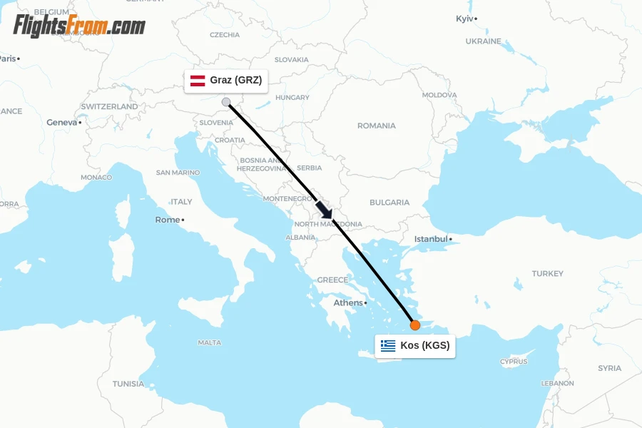 Flights from Graz to Kos route map