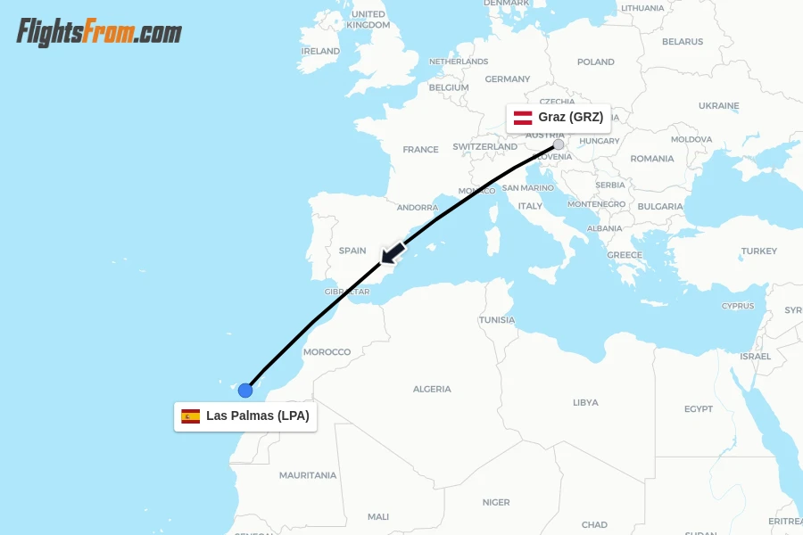 Flights from Graz to Las Palmas route map