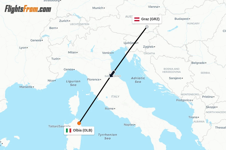 Flights from Graz to Olbia route map