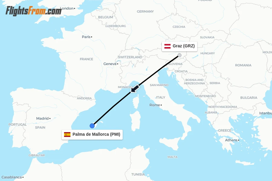 Flights from Graz to Palma de Mallorca route map