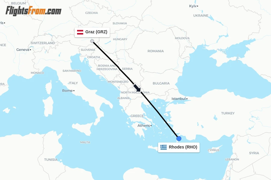 Flights from Graz to Rhodes route map