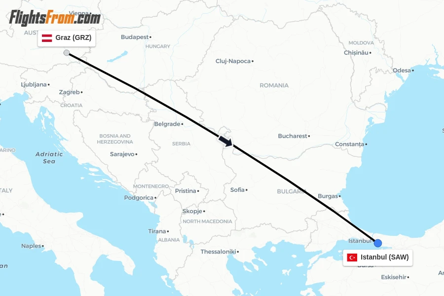 Flights from Graz to Istanbul route map