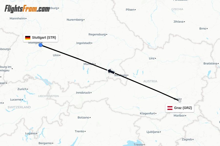 Flights from Graz to Stuttgart route map