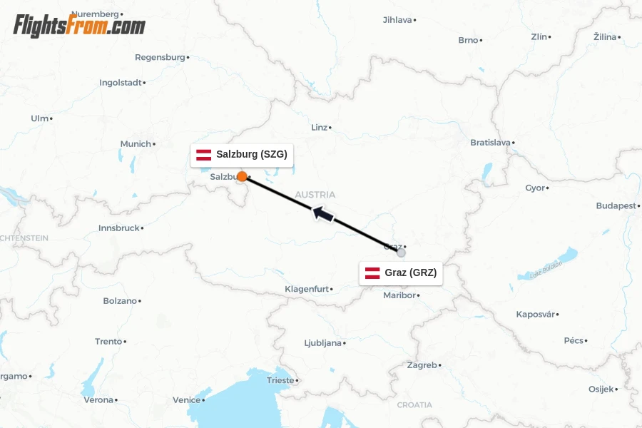 Flights from Graz to Salzburg route map