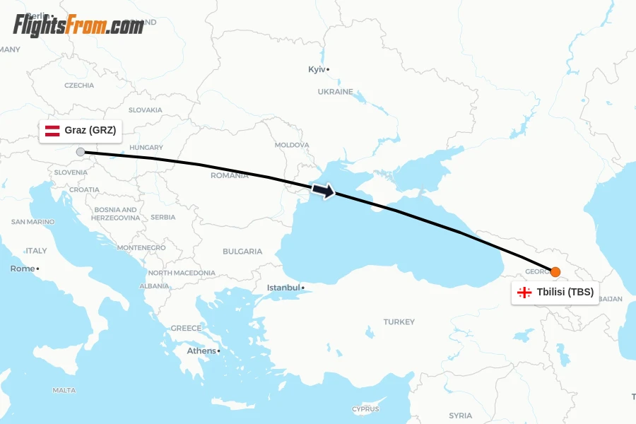 Flights from Graz to Tbilisi route map