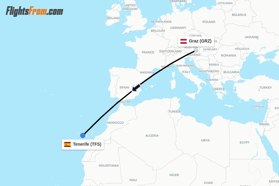 Flights from Graz to Tenerife route map