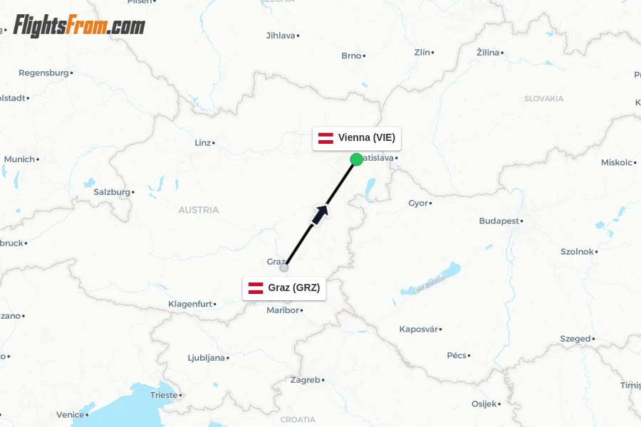 Flights from Graz to Vienna route map