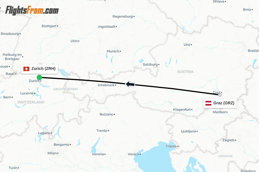 Flights from Graz to Zurich route map