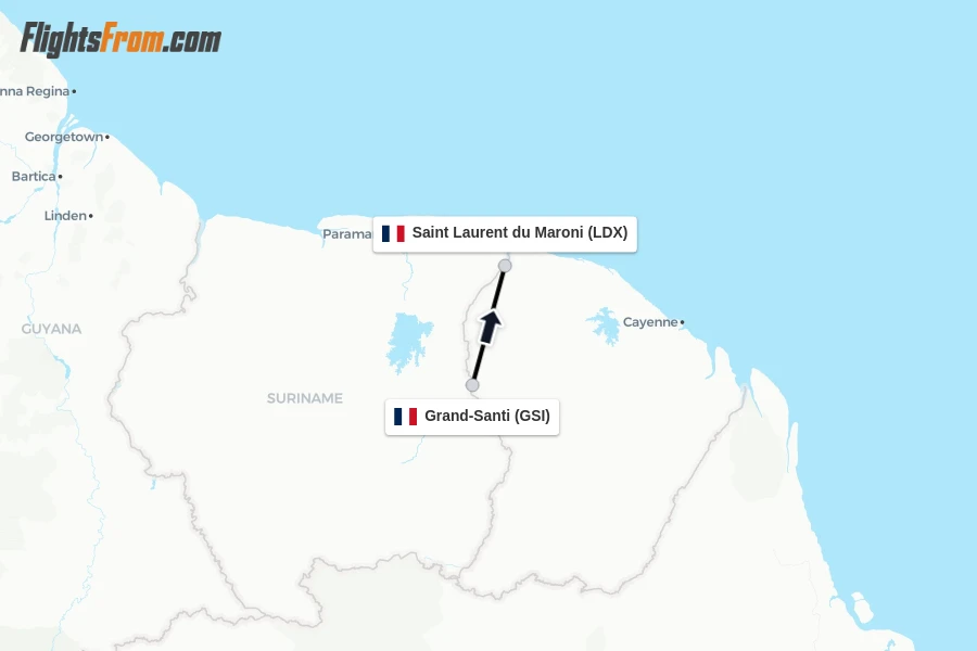 Flights from Grand-Santi to Saint Laurent du Maroni route map