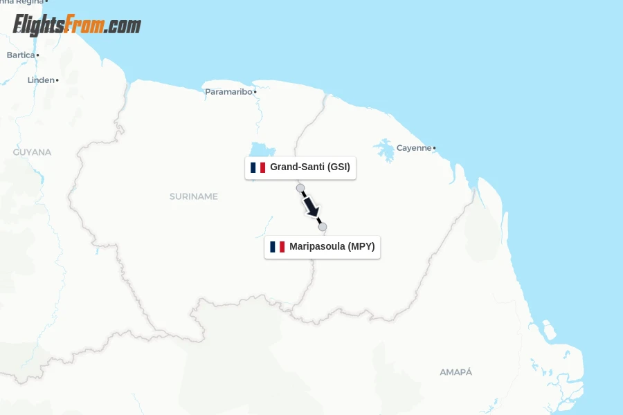 Flights from Grand-Santi to Maripasoula route map