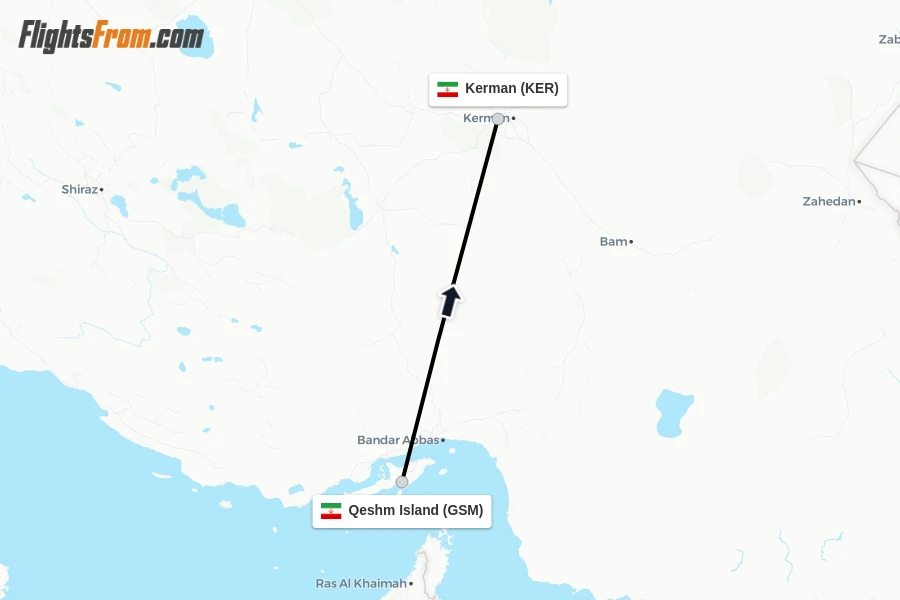 Flights from Qeshm Island to Kerman route map