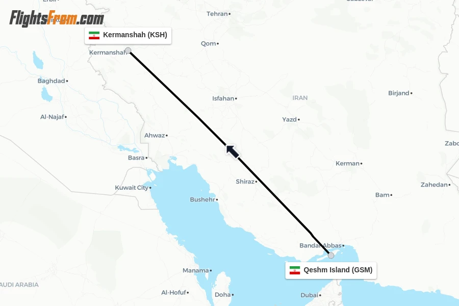 Flights from Qeshm Island to Kermanshah route map