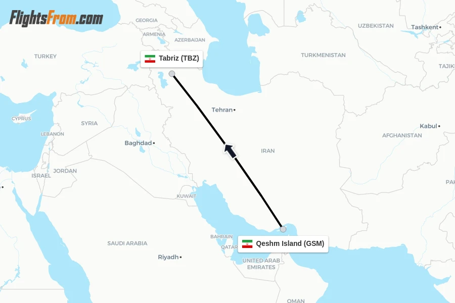 Flights from Qeshm Island to Tabriz route map