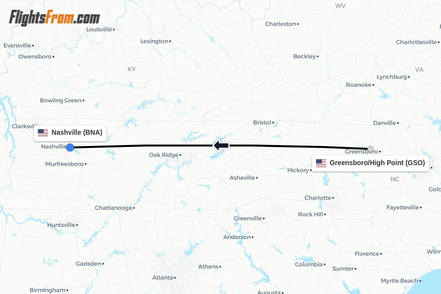 Flights from Greensboro/High Point to Nashville route map