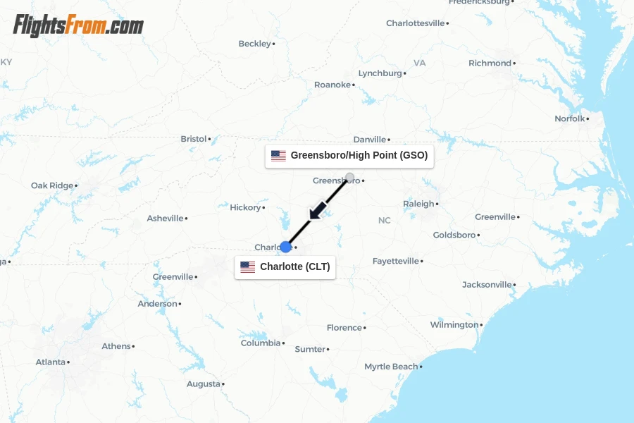 Flights from Greensboro/High Point to Charlotte route map