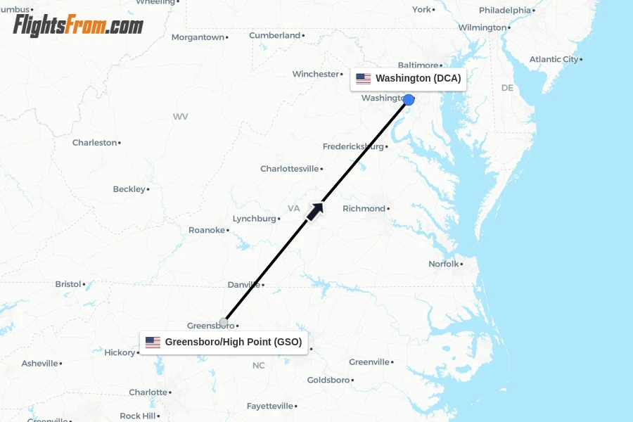 Flights from Greensboro/High Point to Washington route map