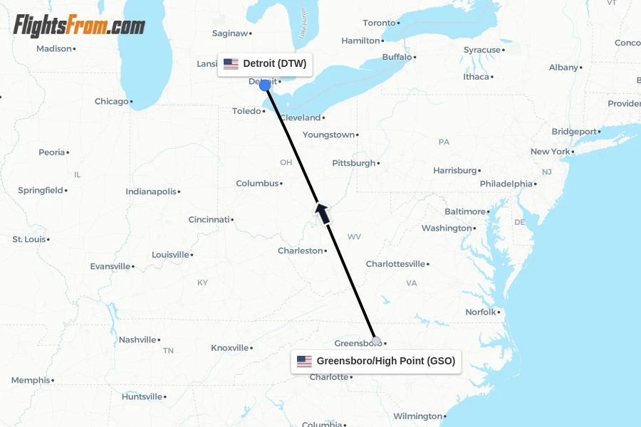 Flights from Greensboro/High Point to Detroit route map