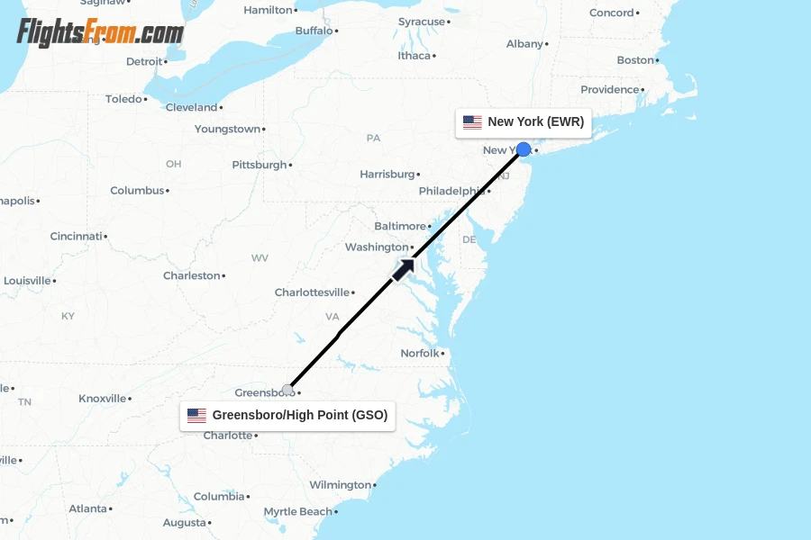 Flights from Greensboro/High Point to New York route map