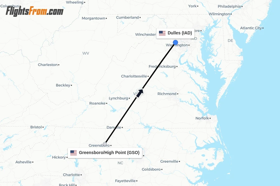 Flights from Greensboro/High Point to Dulles route map