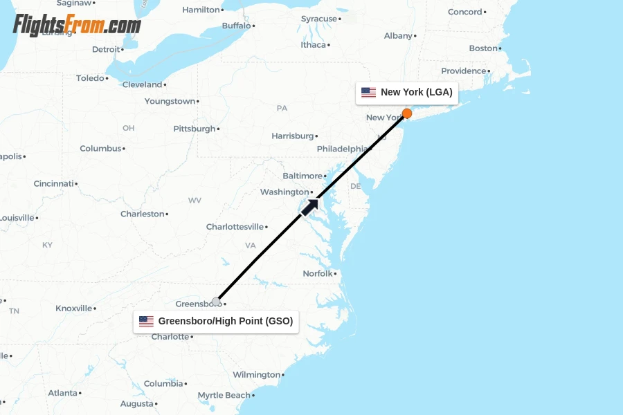 Flights from Greensboro/High Point to New York route map