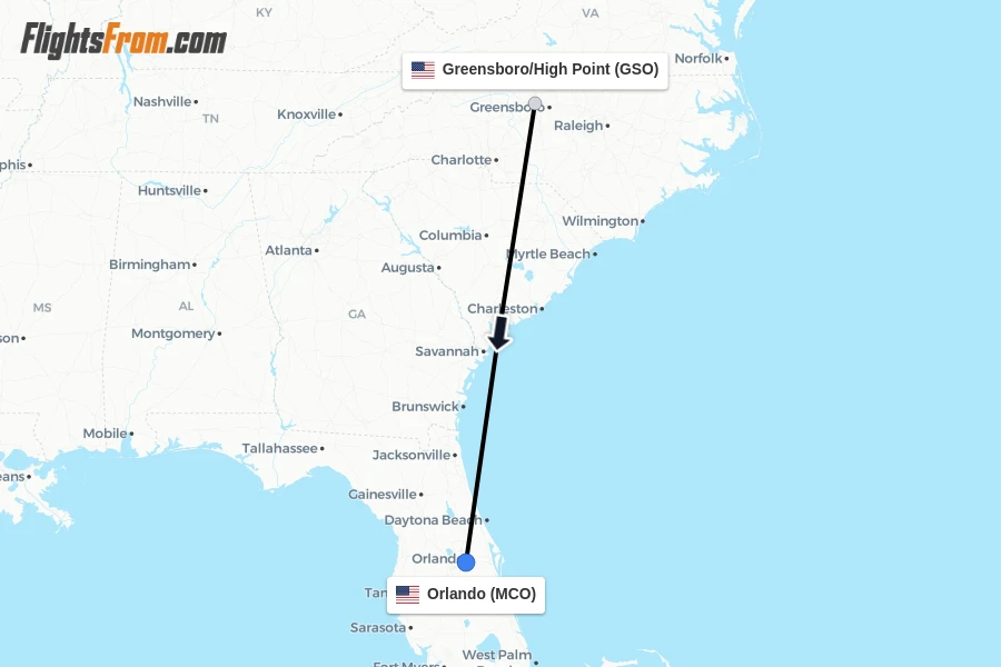 Flights from Greensboro/High Point to Orlando route map