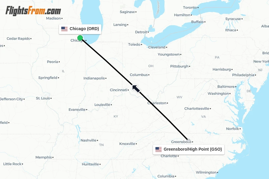 Flights from Greensboro/High Point to Chicago route map