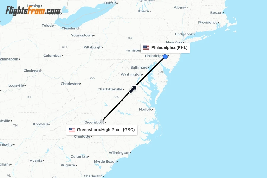 Flights from Greensboro/High Point to Philadelphia route map