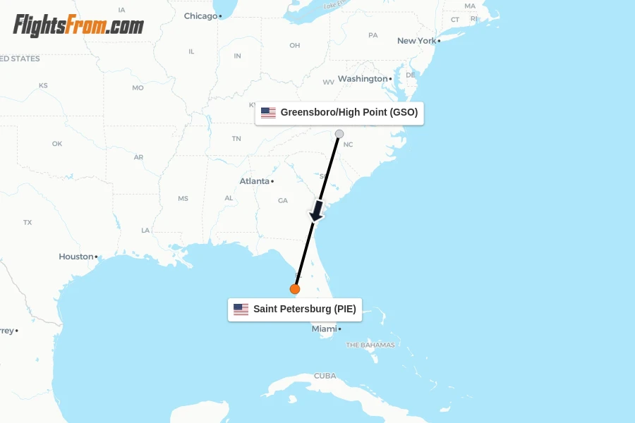 Flights from Greensboro/High Point to Saint Petersburg route map